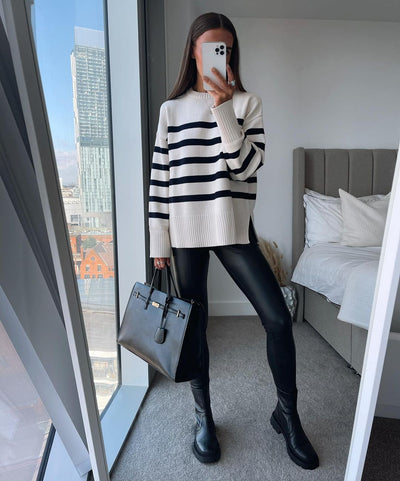 Weiße gestreifte Mesh-Bluse